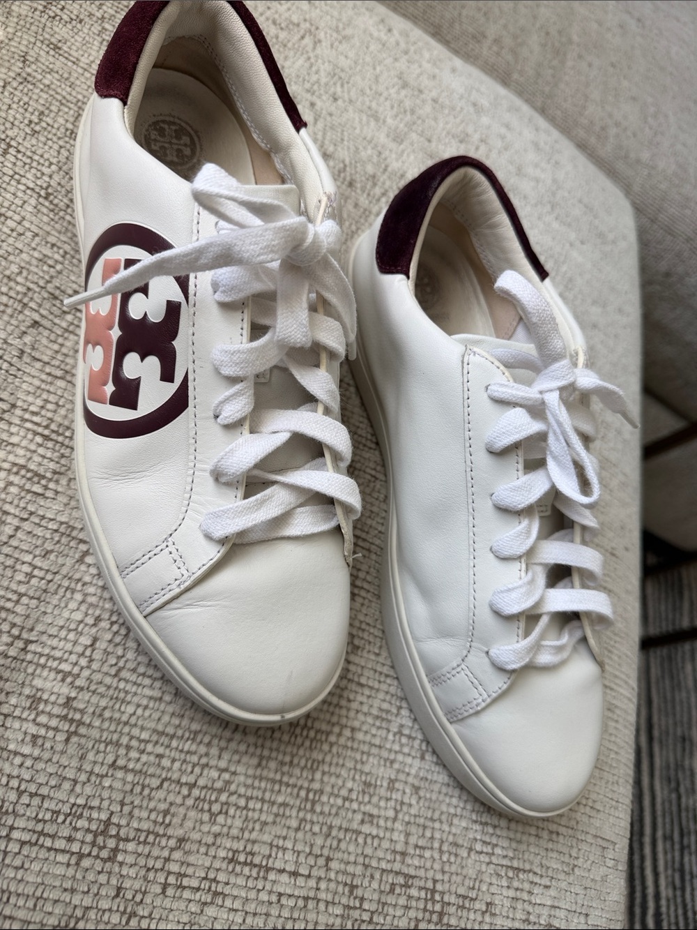 Tory Burch White Leather Sneakers with Burgundy Logo and Heel Tab